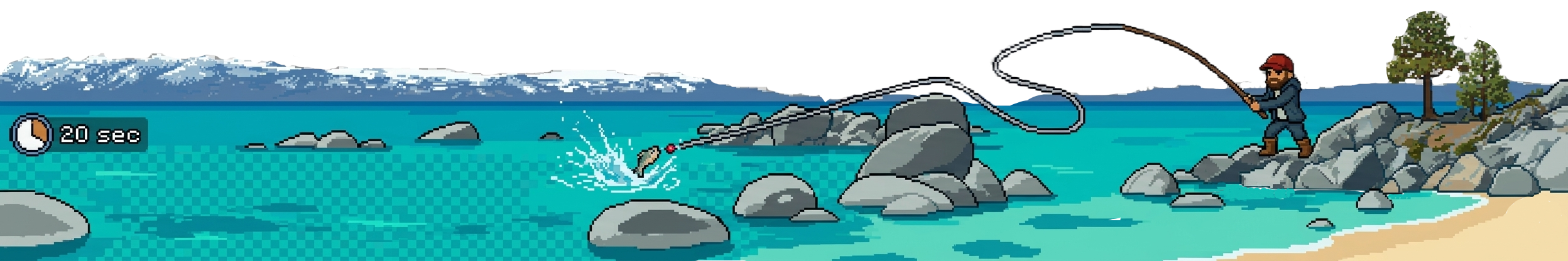 Fishtime app screenshot showing Tommy fishing by a beautiful lake